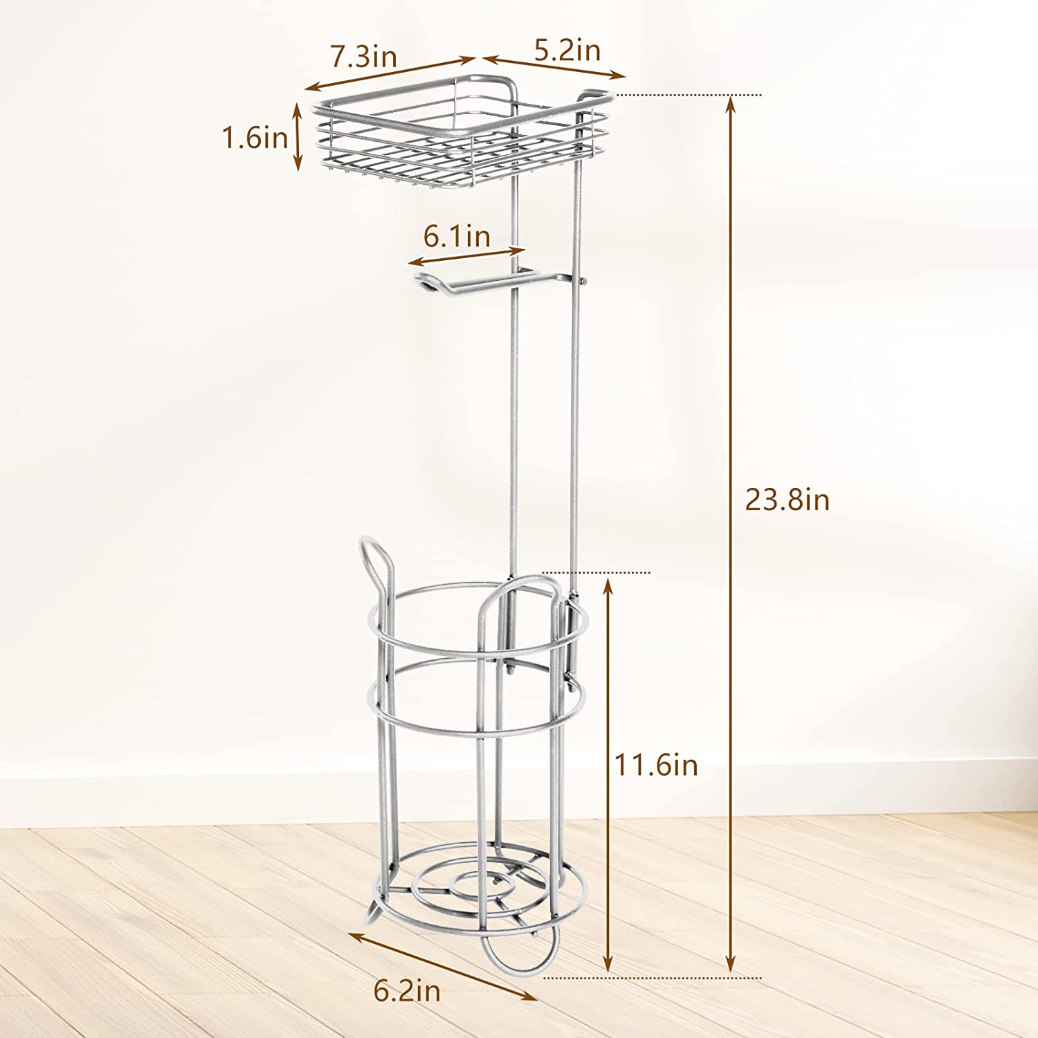 Toilet Paper Holder Stand Bathroom Toilet Paper Storage with Raised Base, Tissue Paper Roll Dispenser with Top Shelf (Silver)